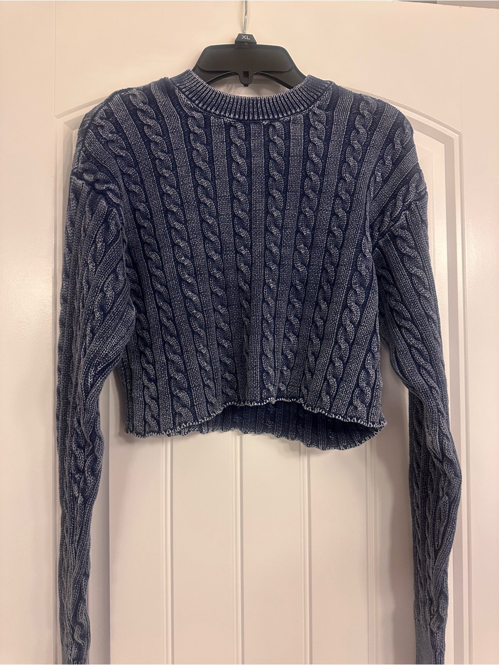 aerie Navy Cable-Knit Cropped Crewneck Sweater